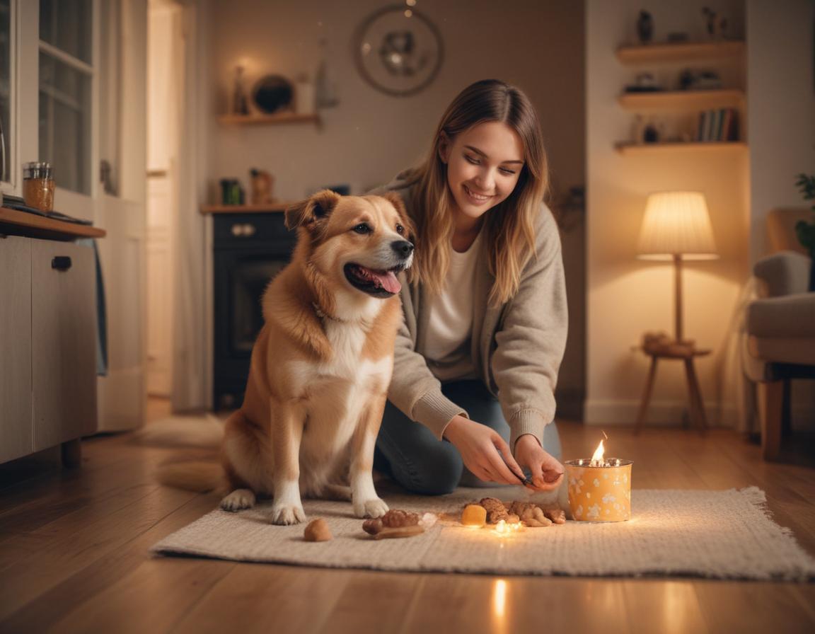 A cheerful pet trainer with a dog, demonstrating positive reinforcement through treats in a cozy, well-lit home environment.