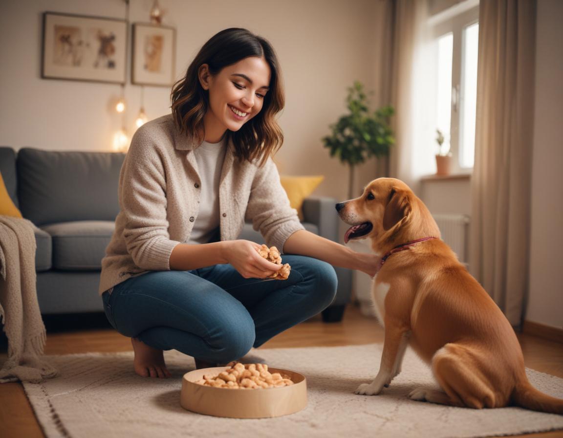 A playful dog receiving a treat from its owner with a big, happy expression on its face, surrounded by a bright and colorful backyard.