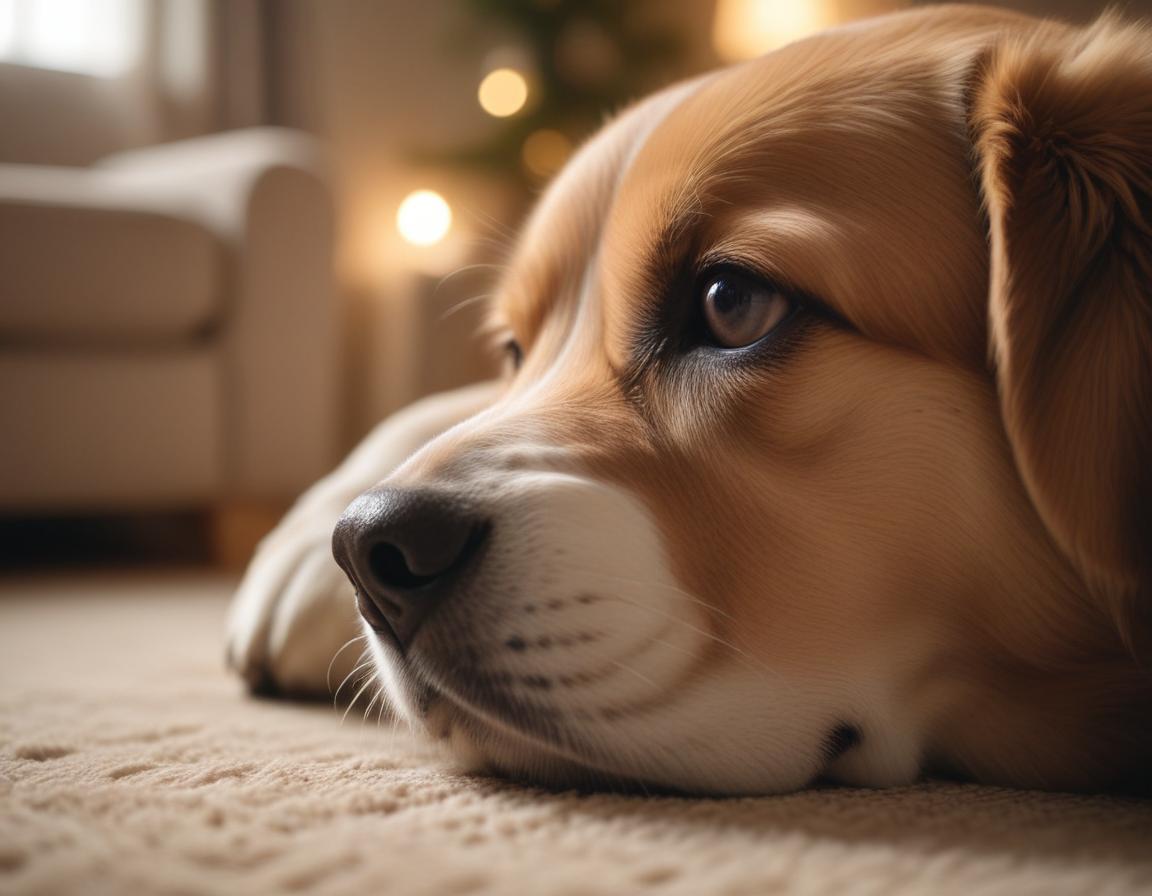 Close-up photo of a dog's nose gently touching a human hand, with a cozy living room in the background.
