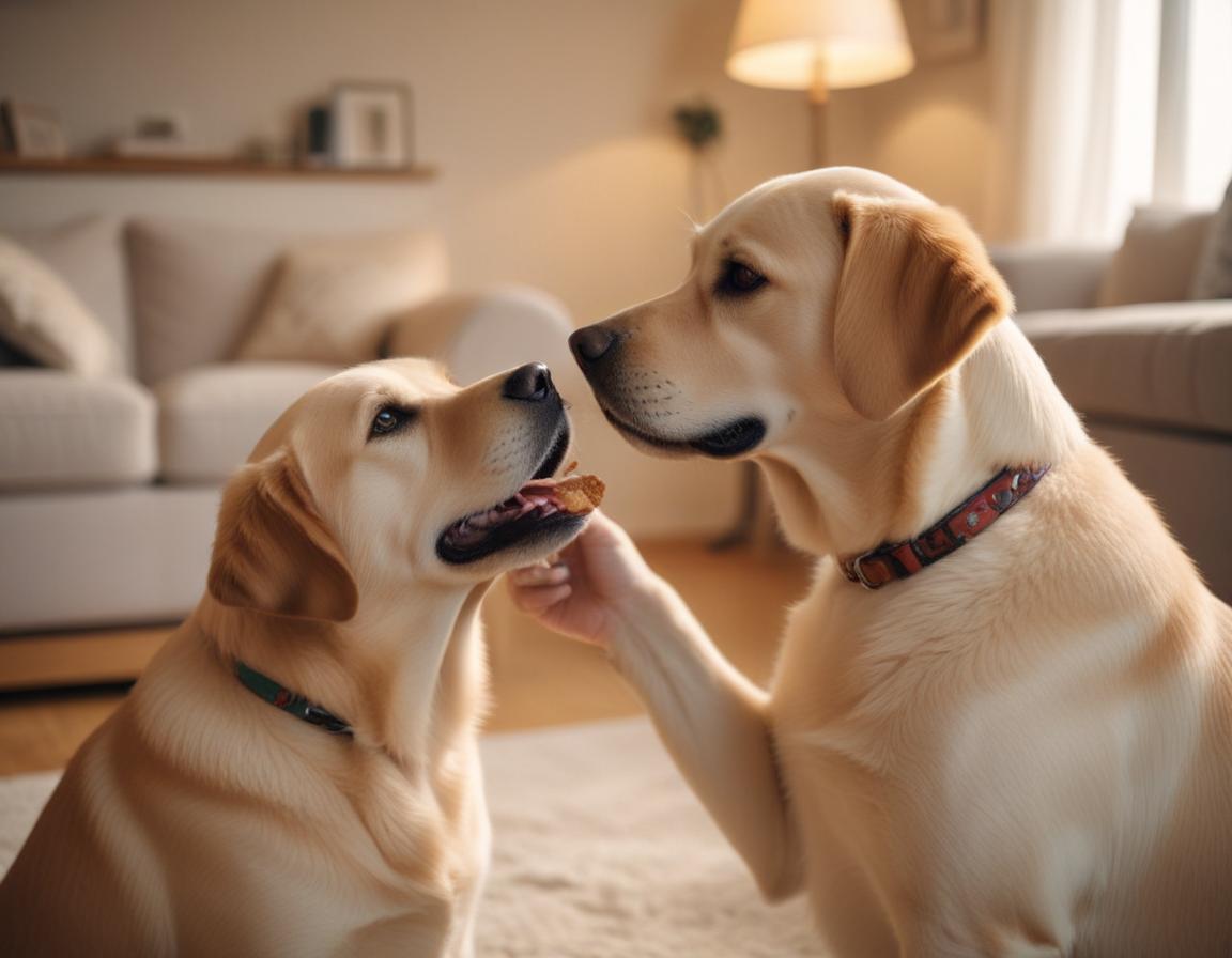 A happy Labrador receiving a treat from its owner in the living room, showcasing a moment of connection and positivity.